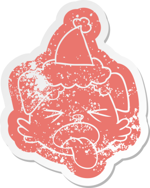 Bir insan tarafından çizilmiş Noel Baba şapkası takan köpek suratlı garip bir karikatür.