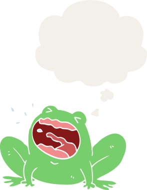 Bir insan tarafından çizilmiş düşünce baloncuğuyla bağıran çizgi film kurbağası.