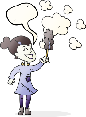 Bir insan tarafından çizilen serbest konuşma balonu çizilmiş zombi kadın.