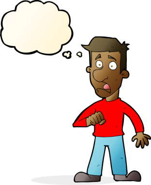 Bir insan tarafından çizilen düşünce baloncuğuyla şok olmuş bir adam.