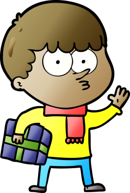 Çizgi film meraklısı çocuk bir insanın çizdiği hediyeyi taşıyor.