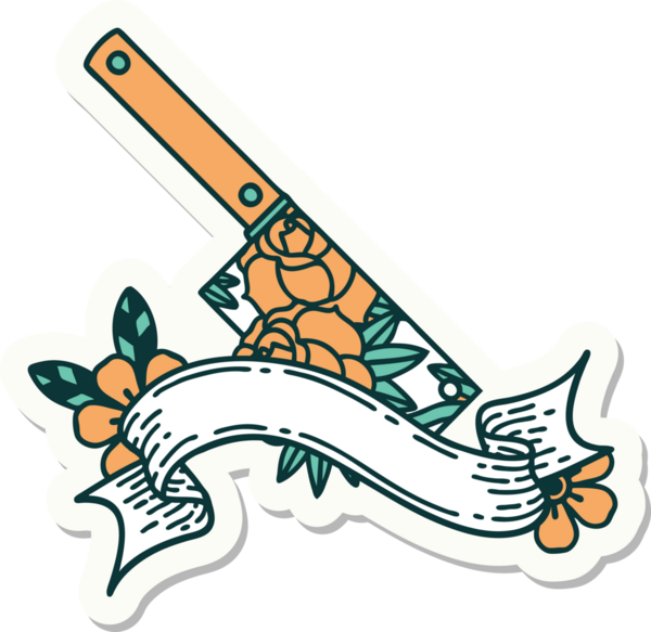 Satır sancağıyla dövme stili çıkartması ve bir insan tarafından çizilmiş çiçekler