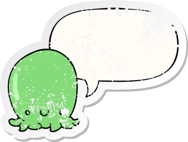 Konuşma baloncuğu olan sevimli ahtapot bir insan tarafından çizilmiş sıkıntılı eski bir çıkartma.