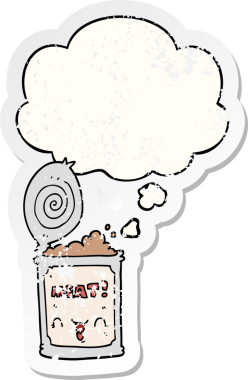 Düşünce baloncuklu konserve et, insan tarafından çizilmiş yıpranmış bir etiket gibi.