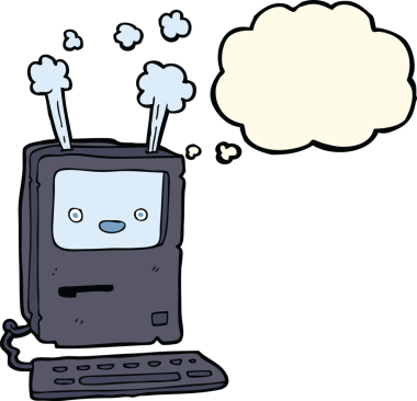 Bir insan tarafından çizilmiş düşünce baloncuklu eski bir bilgisayar.