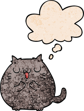 Bir insan tarafından çizilmiş grunge desenli düşünce baloncuklu mutlu çizgi film kedisi.