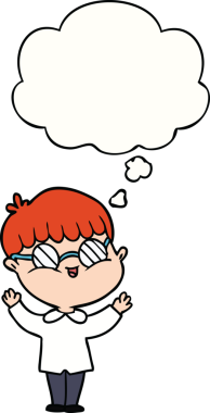 Bir insan tarafından çizilmiş düşünce balonlu gözlük takan çizgi film çocuğu.