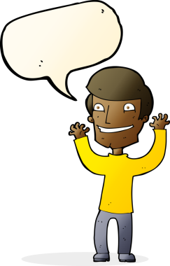 Bir insan tarafından çizilmiş konuşma balonuyla heyecanlı bir adam.