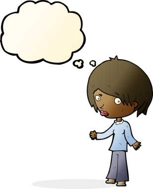 Bir insan tarafından çizilmiş düşünce baloncuğu olan kafası karışık bir kadın çizgi filmi.