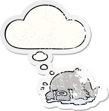 Düşünce baloncuğu olan karikatür ağlayan balıklar insan tarafından çizilmiş yıpranmış bir çıkartma gibi.