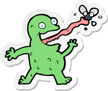 Bir insan tarafından çizilmiş sineği yakalayan bir kurbağa çıkartması.