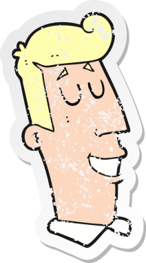 Bir insan tarafından çizilmiş sırıtan bir çizgi film karakterinin kederli retro yapıştırması.