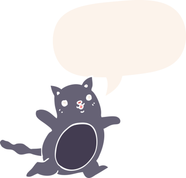 Konuşma baloncuğu olan çizgi film kedisi insan tarafından çizilmiş.