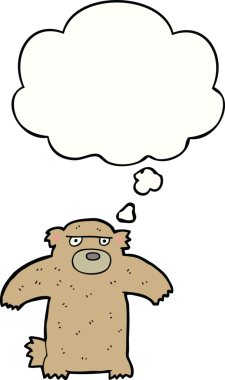 Bir insan tarafından çizilmiş düşünce baloncuklu çizgi film ayısı.