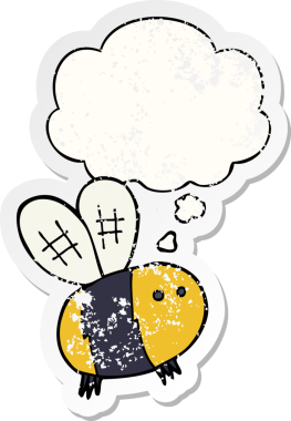 Düşünce baloncuğu olan çizgi film arısı insan tarafından çizilmiş yıpranmış bir çıkartma.