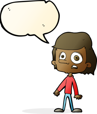 Bir insan tarafından çizilmiş, konuşma balonu olan endişeli bir çocuk.