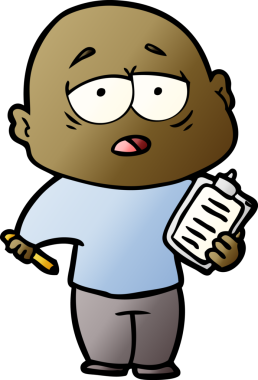 Bir insan tarafından çizilmiş yorgun, kel bir adam.