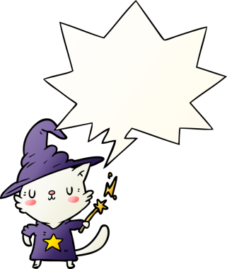 Sihirli çizgi film kedi sihirbazı konuşma baloncuğu ile bir insan tarafından çizilmiş yumuşak gradyan tarzı