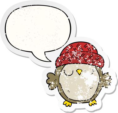 Konuşma baloncuğu olan şapkalı sevimli bir baykuş. Bir insan tarafından çizilmiş sıkıntılı eski bir çıkartma.