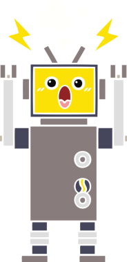 Bir insan tarafından çizilmiş bozuk bir robotun düz renkli retro karikatürü