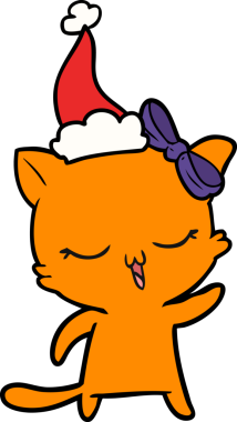 Bir insan tarafından çizilmiş Noel Baba şapkası takan bir kedinin el çizimi.