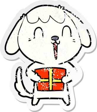 Bir insan tarafından çizilmiş noel hediyeli şirin bir köpeğin sıkıntılı çıkartması.