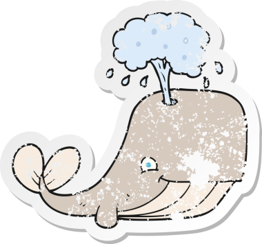 Bir insan tarafından çizilmiş suyu püskürten karikatür balinasının geriletilmiş yapıştırması.