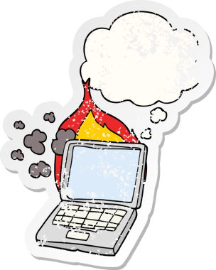 Çizgi film bozuk dizüstü bilgisayar. Düşünce baloncuğu insan tarafından çizilmiş yıpranmış bir çıkartma.