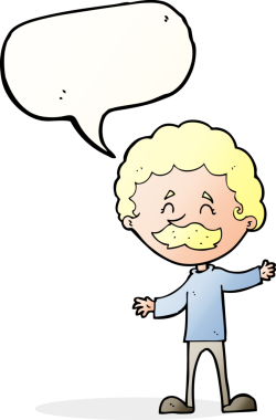 Bir insan tarafından çizilmiş konuşma balonlu bıyıklı mutlu adam çizgi filmi.