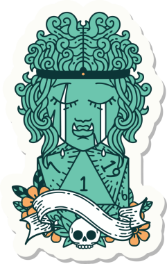 Ağlayan bir ork barbar karakterinin çıkartması. İnsan tarafından çizilmiş doğal bir D20 ruloyla.