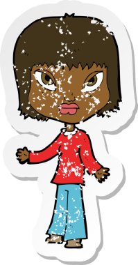 Bir insan tarafından çizilmiş, kolları açık, karikatür bir kadının gerilmiş çıkartması.