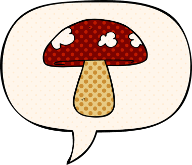 Bir insan tarafından çizilmiş çizgi roman tarzında konuşma baloncuğu olan mantar mantarı.