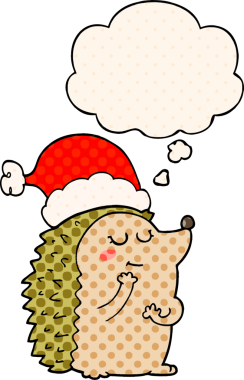 Çizgi roman tarzı düşünce baloncuklu Noel şapkası takan kirpi bir insan tarafından çizilmiş.