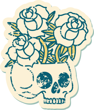 Bir insan tarafından çizilmiş kafatası ve güllerin sembolik dövmeli görüntüsü.