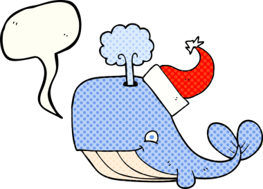 Bir insan tarafından çizilmiş noel şapkası giyen balina çizgi roman konuşma balonu çizimi.