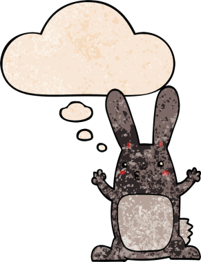 Bir insan tarafından çizilmiş grunge desenli düşünce baloncuklu çizgi film tavşanı.