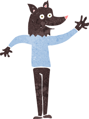 Bir insan tarafından çizilmiş, el sallayan kurt adam.