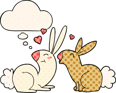 Çizgi roman tarzında, düşünce baloncuğuna aşık çizgi film tavşanları.