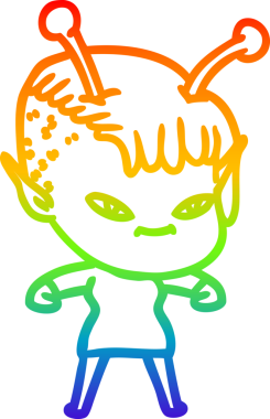 Gökkuşağı gradyan çizgisi bir insan tarafından çizilmiş şirin bir uzaylı kızın çizimi.