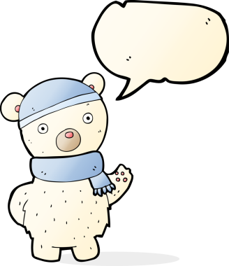 Bir insan tarafından çizilmiş konuşma baloncuğu eşarplı, şapkalı kutup ayısı çizgi filmi.