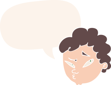 bir insan tarafından çizilmiş, konuşma baloncuğu olan şüpheli bir çizgi film karakteri.