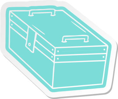 bir insan tarafından çizilmiş metal bir alet kutusunun çizgi film etiketi