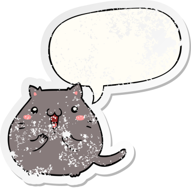 Konuşma balonlu mutlu çizgi film kedisi bir insan tarafından çizilmiş sıkıntılı eski bir çıkartma