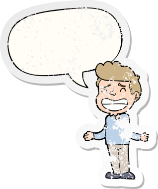 Çizgi filmci çocuk konuşma baloncuğuyla omuz silkiyor. Bir insan tarafından çizilmiş sıkıntılı eski bir çıkartma.