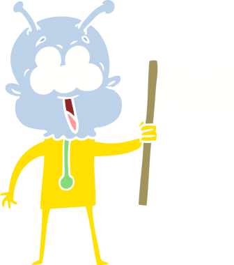 Bir insan tarafından çizilmiş mutlu düz renkli çizgi film uzaylısı.