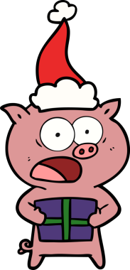 Bir insan tarafından çizilmiş Noel Baba şapkası giymiş bir domuzun el çizimi.