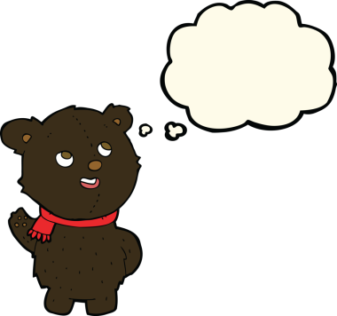 Bir insan tarafından çizilmiş düşünce baloncuğu olan sevimli siyah ayı yavrusu.