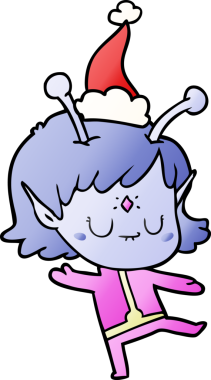 Bir insan tarafından çizilmiş Noel Baba şapkası giyen uzaylı bir kızın el çizimi karikatürü.