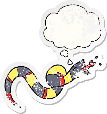 Düşünce baloncuklu karikatür tıslayan yılan, insan tarafından çizilmiş, yıpranmış bir çıkartma.