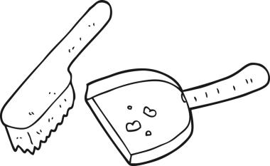 Bir insan tarafından çizilmiş siyah beyaz çizgi film toz tavası ve fırça.